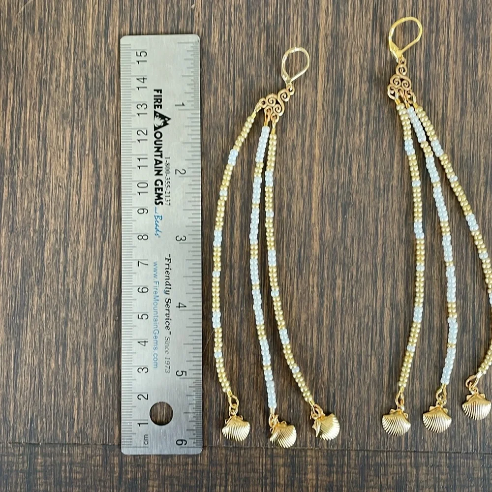 HAND CRAFTED SHOULDER DUSTER EARRINGS Statement Gold Pearl White 6”